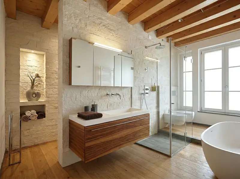 Bad mit Holzbalkendecke, Natursteinwand, Waschtisch und freistehender Wanne