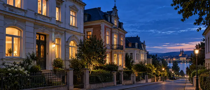 Wohnstraße mit Gründerzeithäusern am Abend