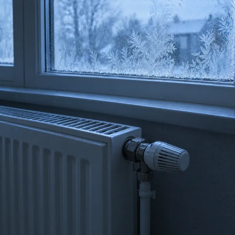 Heizkörper unter einem vereisten Fenster