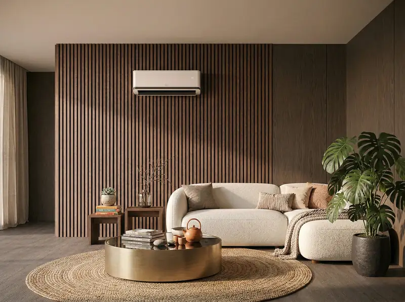 Wohnzimmer mit Klimagerät über einer Holzwand