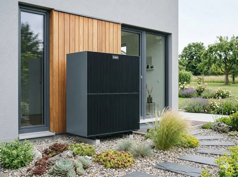 Wärmepumpe vor einer Hausfassade mit Holzverkleidung